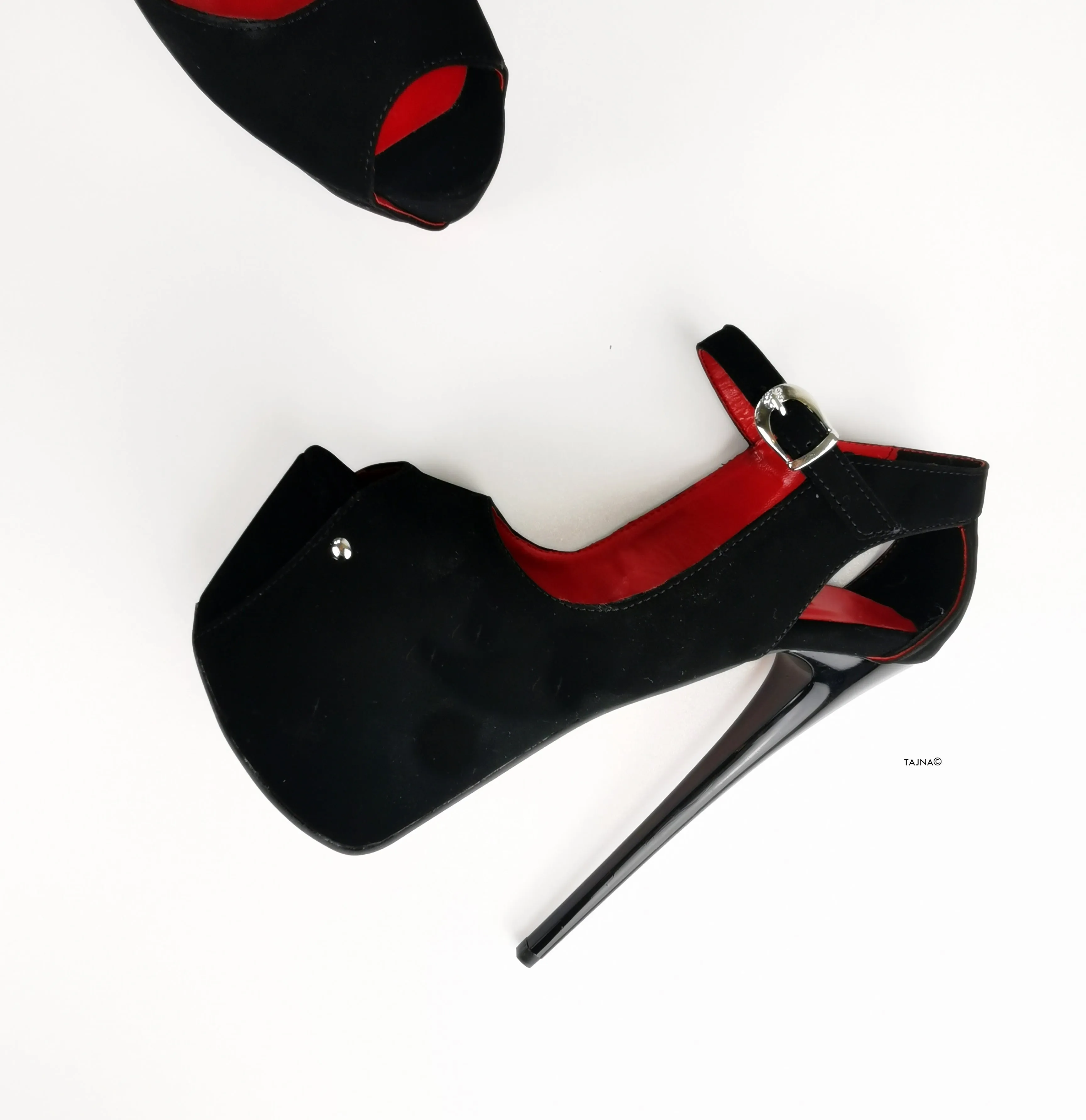 Black Suede Modern Mary Jane Peep Toe Heels