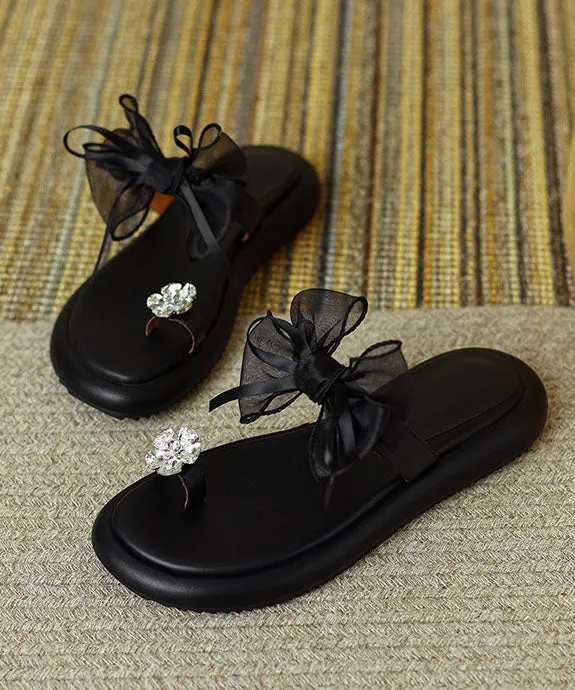 Black Zircon Tulle Bow Comfortable Splicing Slide Sandals