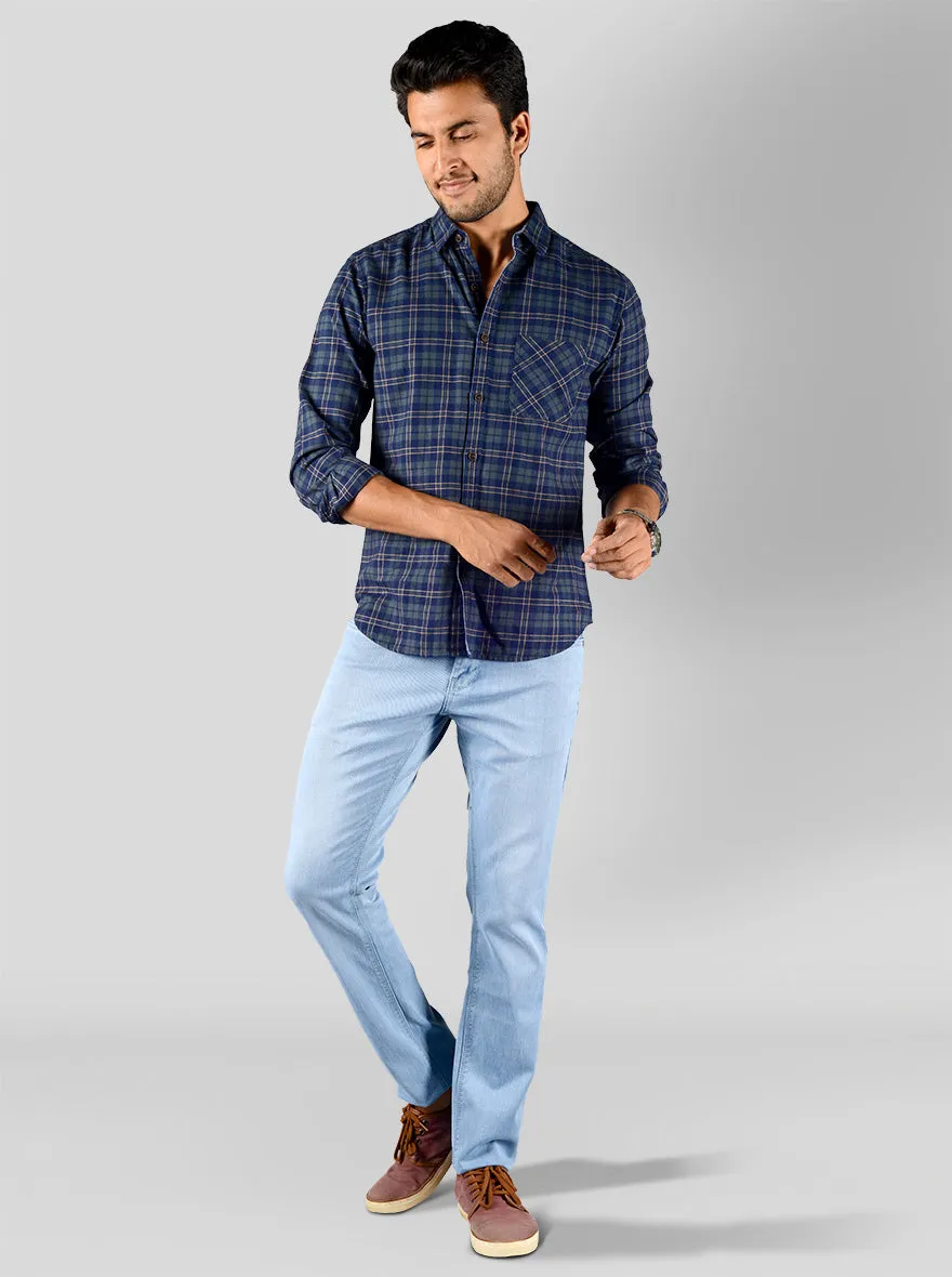 Blue & Olive Green Checked Slim Fit Casual Shirt | Greenfibre