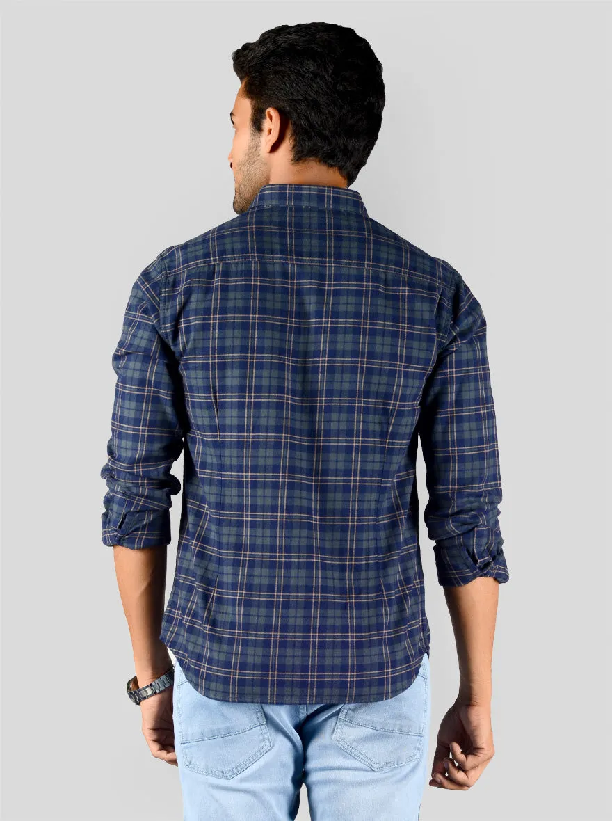 Blue & Olive Green Checked Slim Fit Casual Shirt | Greenfibre