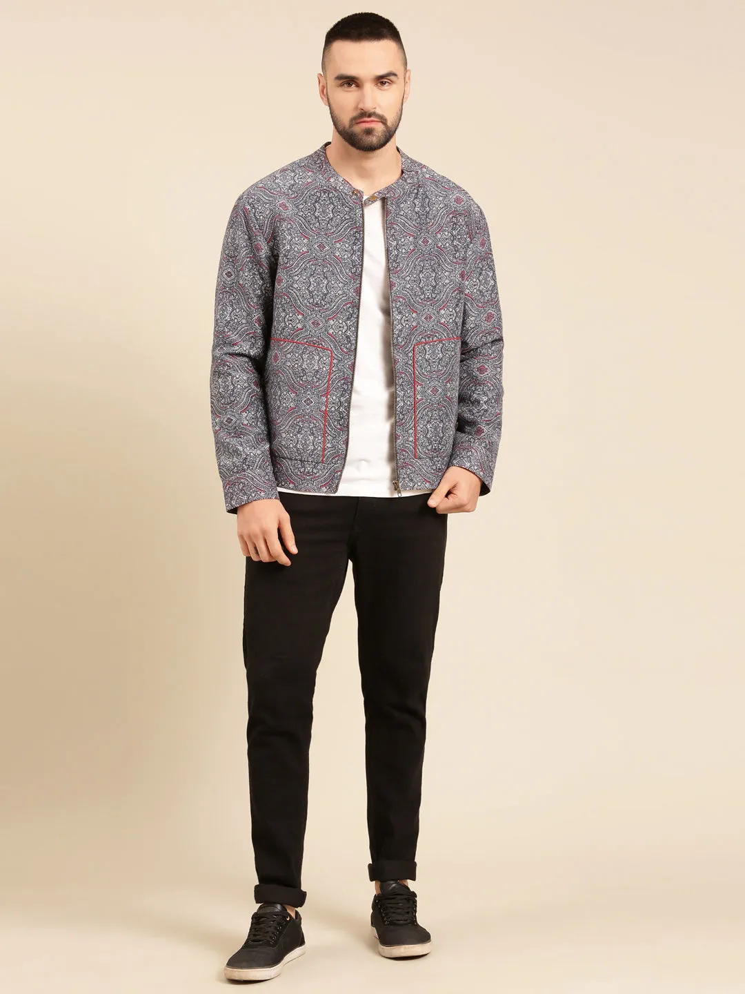 Blue Linen Bemberg Print Jacket - MMBJ021