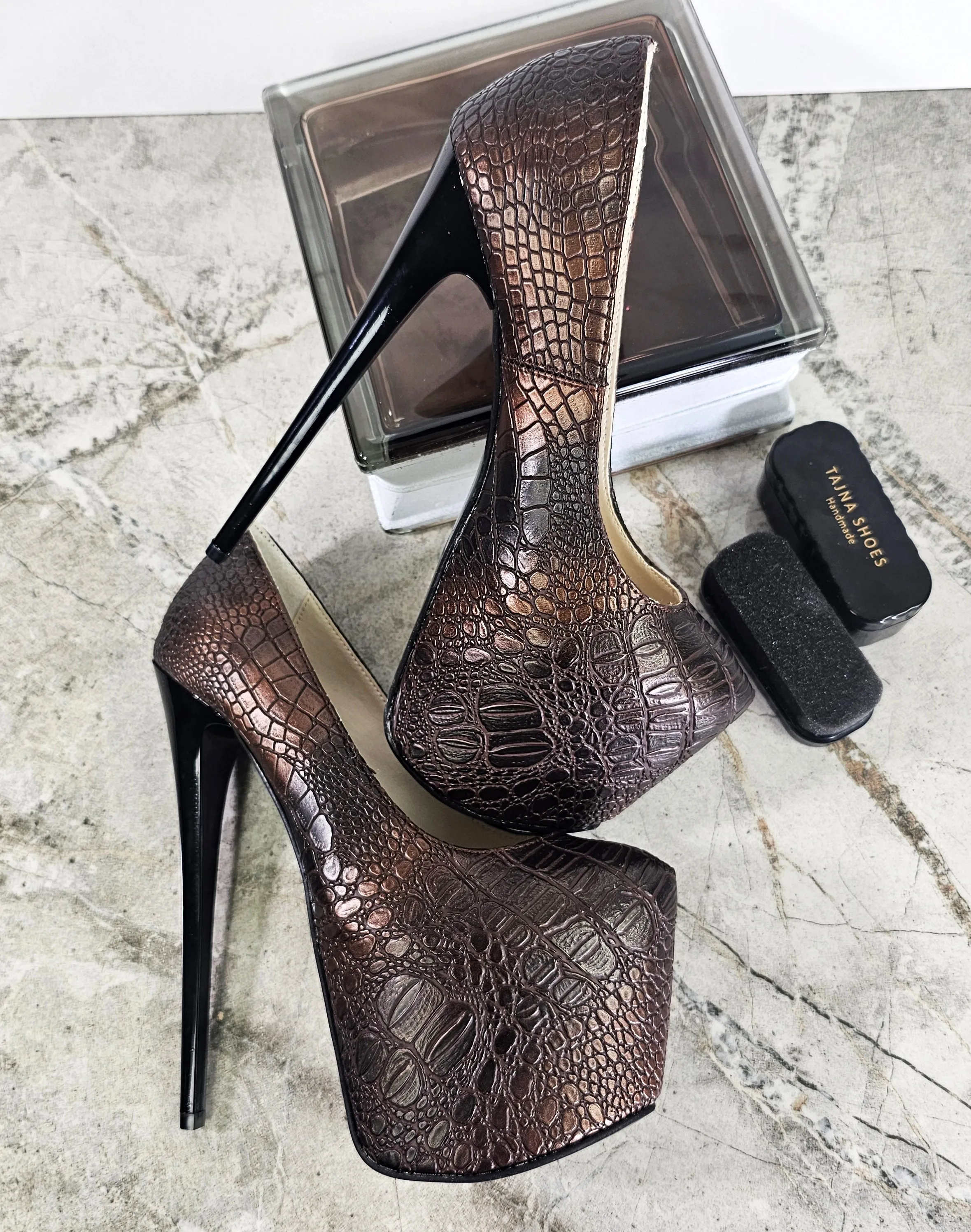 Brown Bronze Croco Print High Heel Pumps