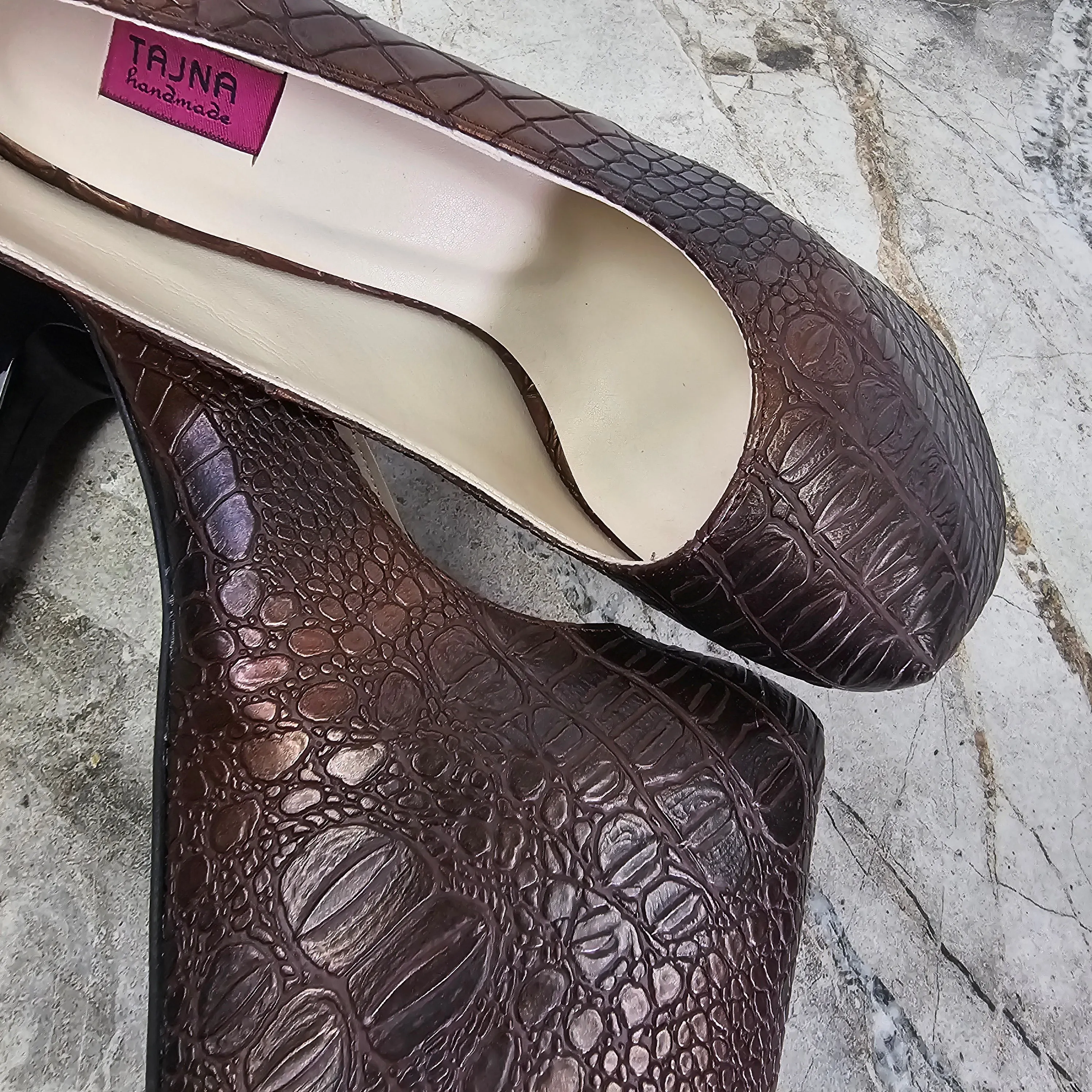 Brown Bronze Croco Print High Heel Pumps