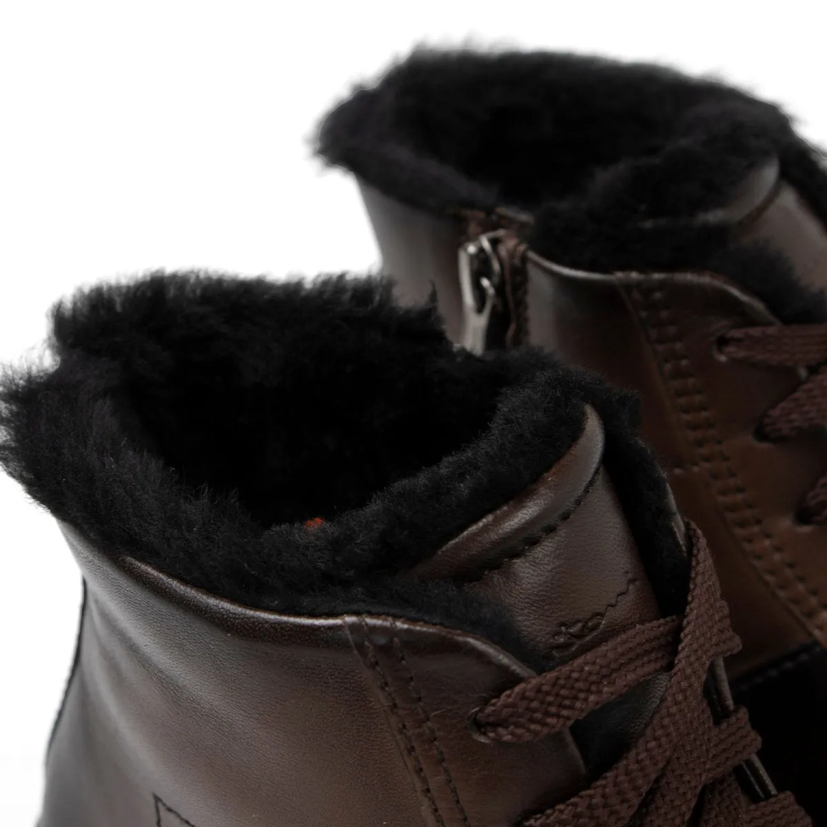 Brown Fur-Lined Leather Double Buckle High Top Sneaker