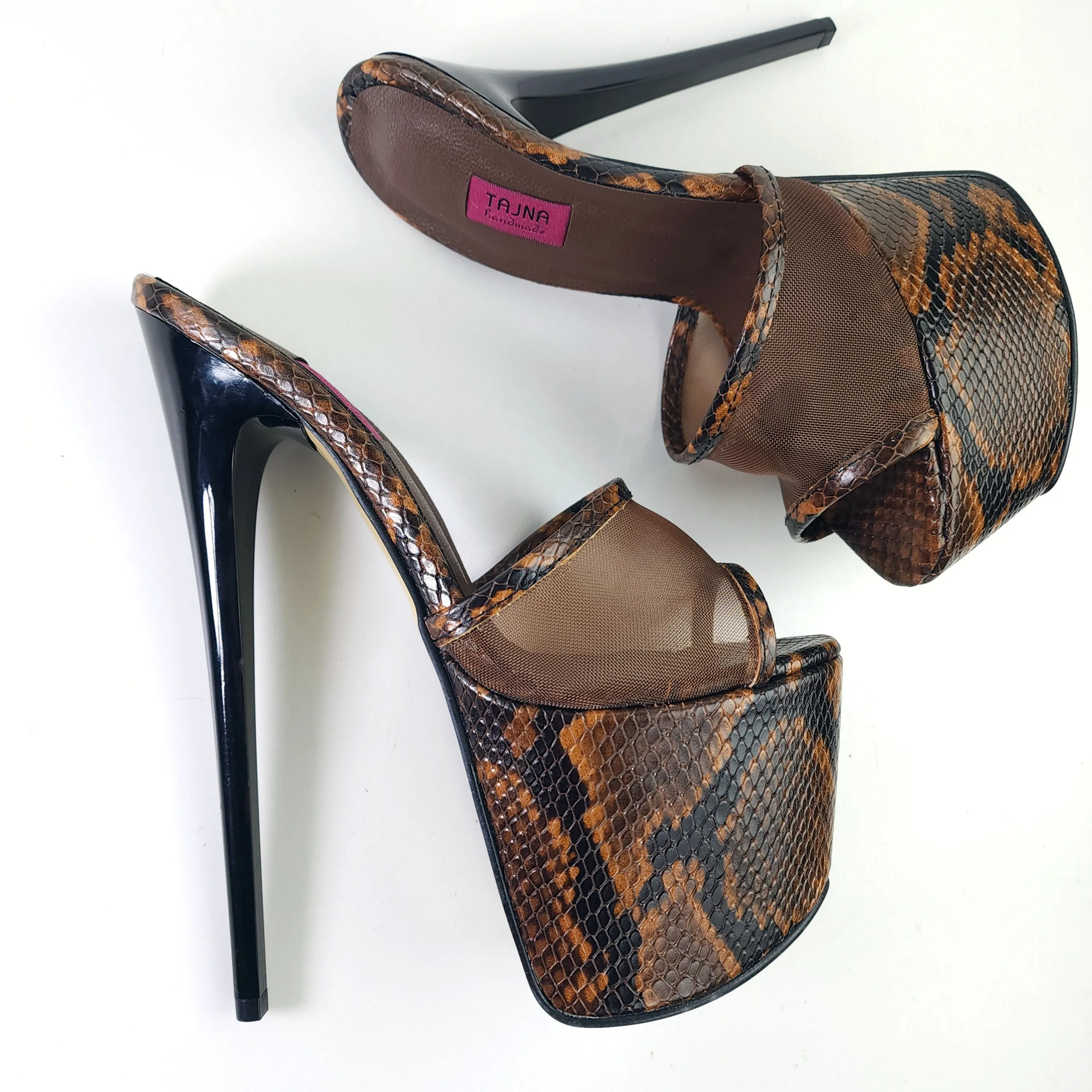 Brown Transparent Snake Print High Heel Mules