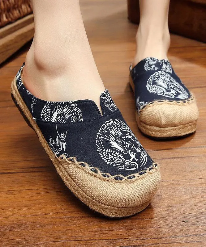 Comfy Navy Print Linen Fabric Slippers Shoes