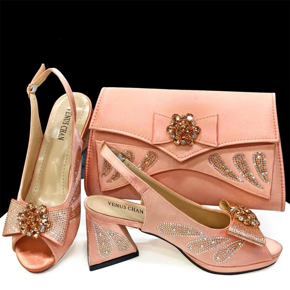 Elegant Italian Rhinestone Shoes and Bag for Evening Parties