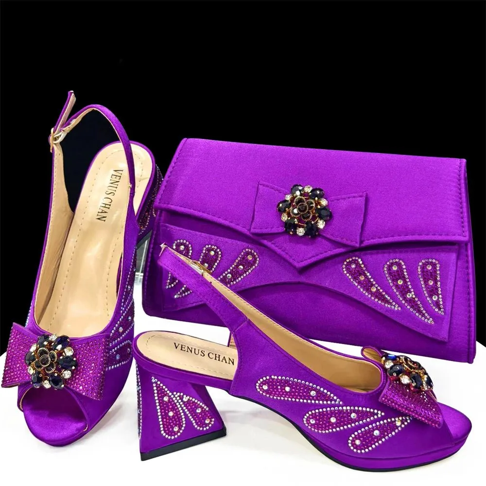 Elegant Italian Rhinestone Shoes and Bag for Evening Parties