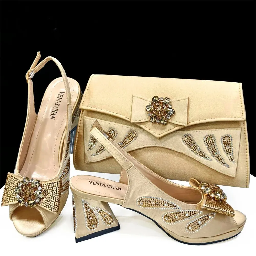 Elegant Italian Rhinestone Shoes and Bag for Evening Parties