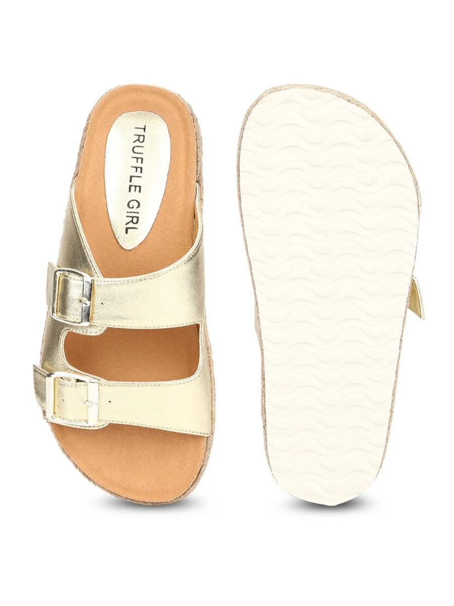 Gold PU Side Buckle Wedges Espadrilles Sandals