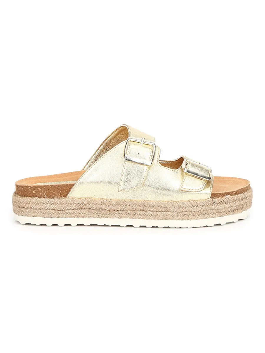 Gold PU Side Buckle Wedges Espadrilles Sandals