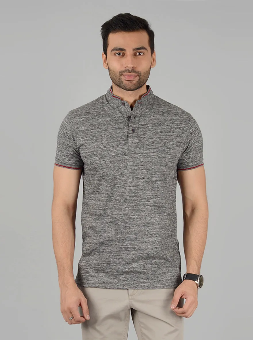 Grey Self Textured Slim Fit Polo T-Shirt | JadeBlue