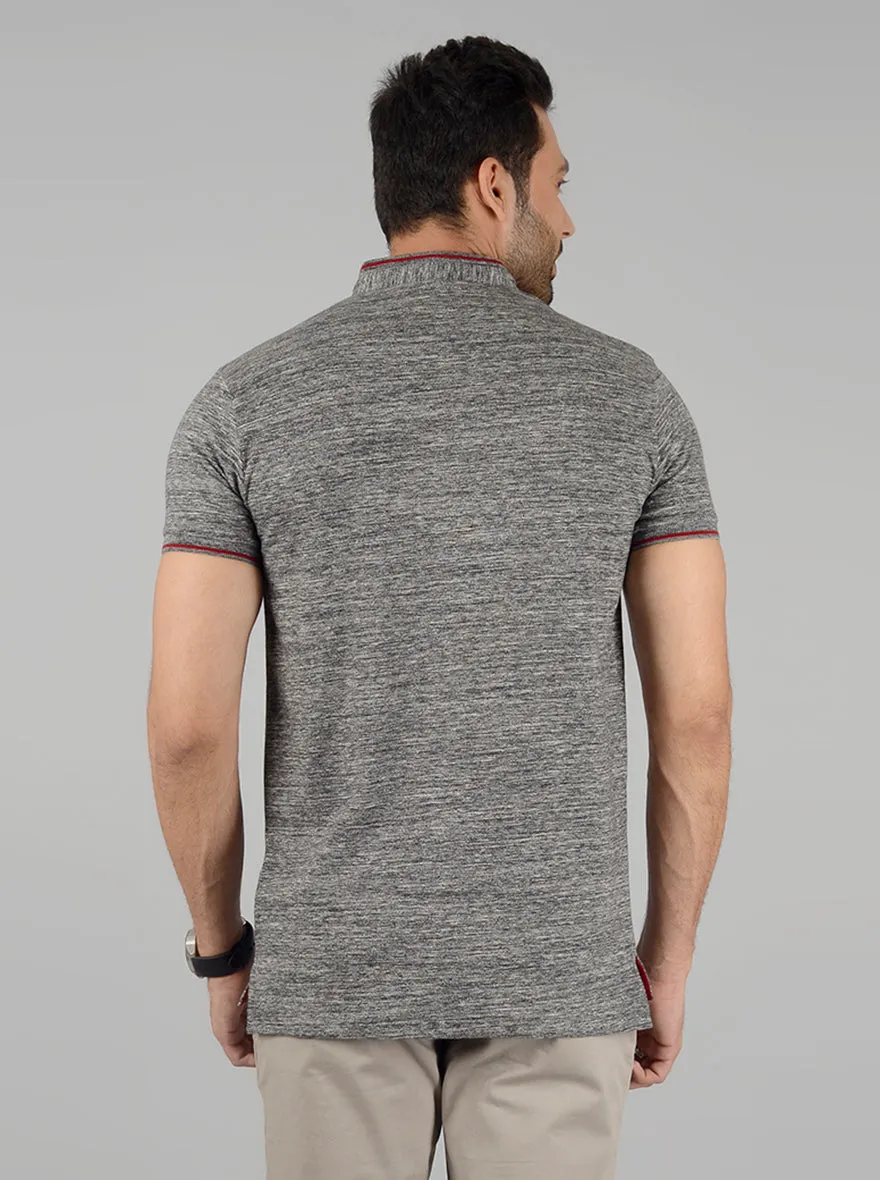 Grey Self Textured Slim Fit Polo T-Shirt | JadeBlue