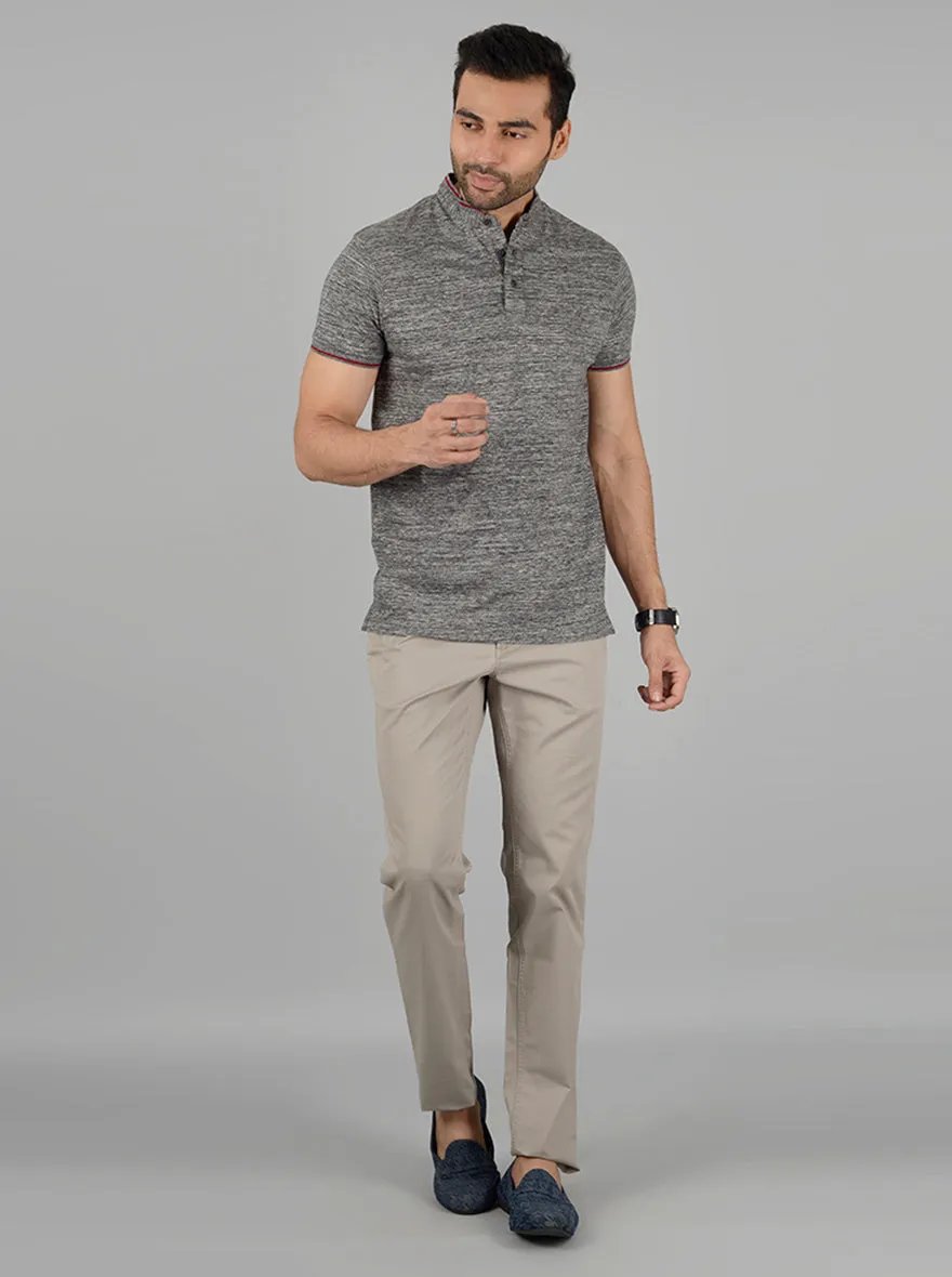 Grey Self Textured Slim Fit Polo T-Shirt | JadeBlue