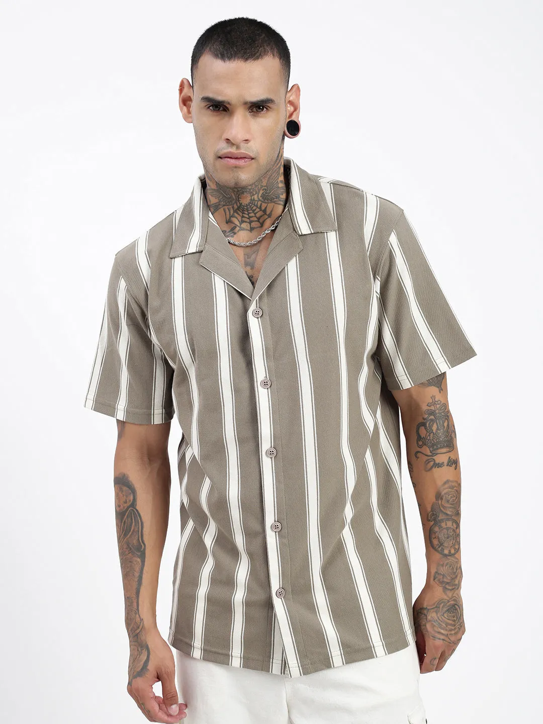 Men Striped Olive Relaxed Fit Shirt