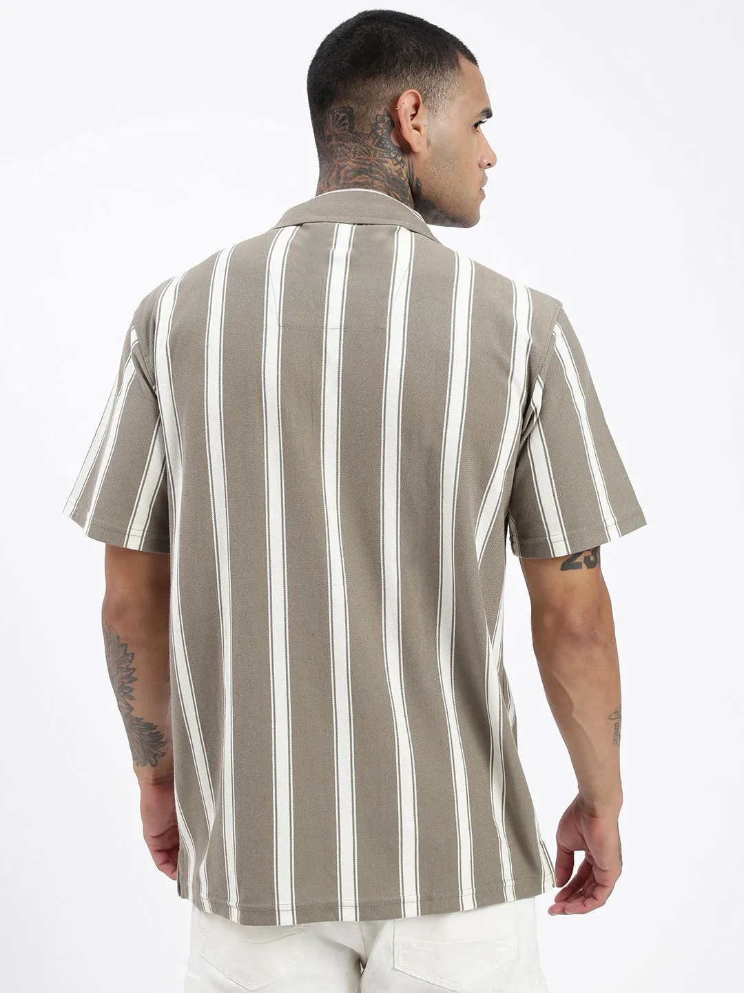 Men Striped Olive Relaxed Fit Shirt