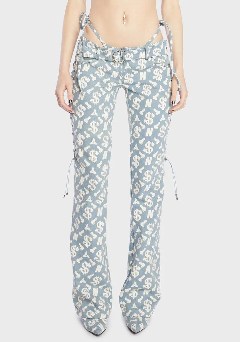 Monogram Denim Low Cut Lace Up Pants