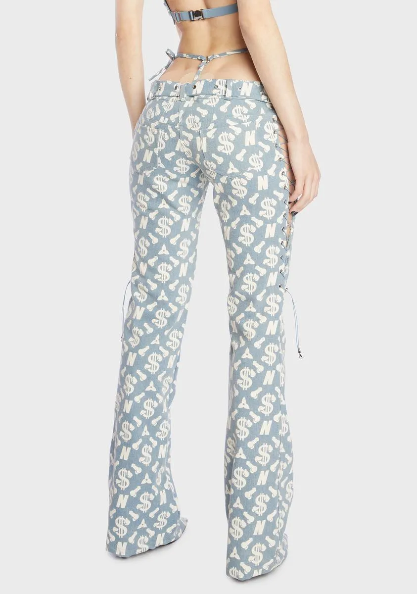 Monogram Denim Low Cut Lace Up Pants