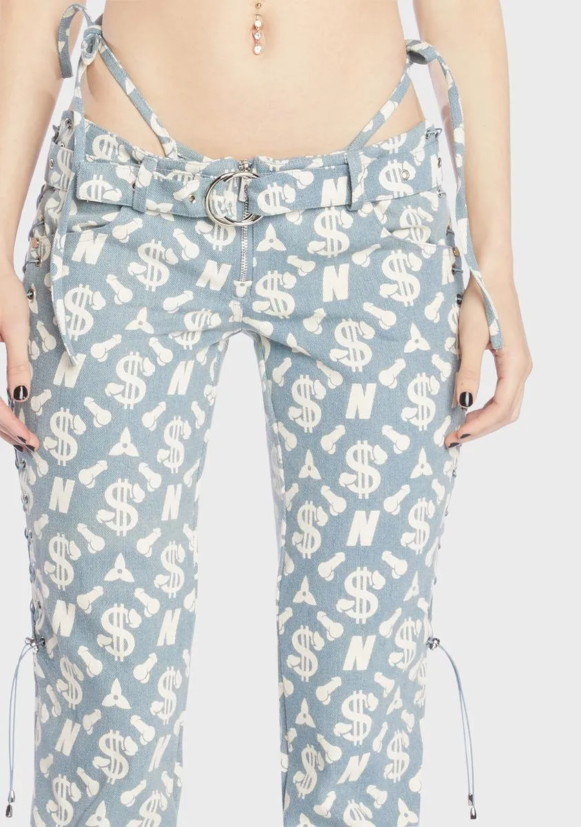 Monogram Denim Low Cut Lace Up Pants