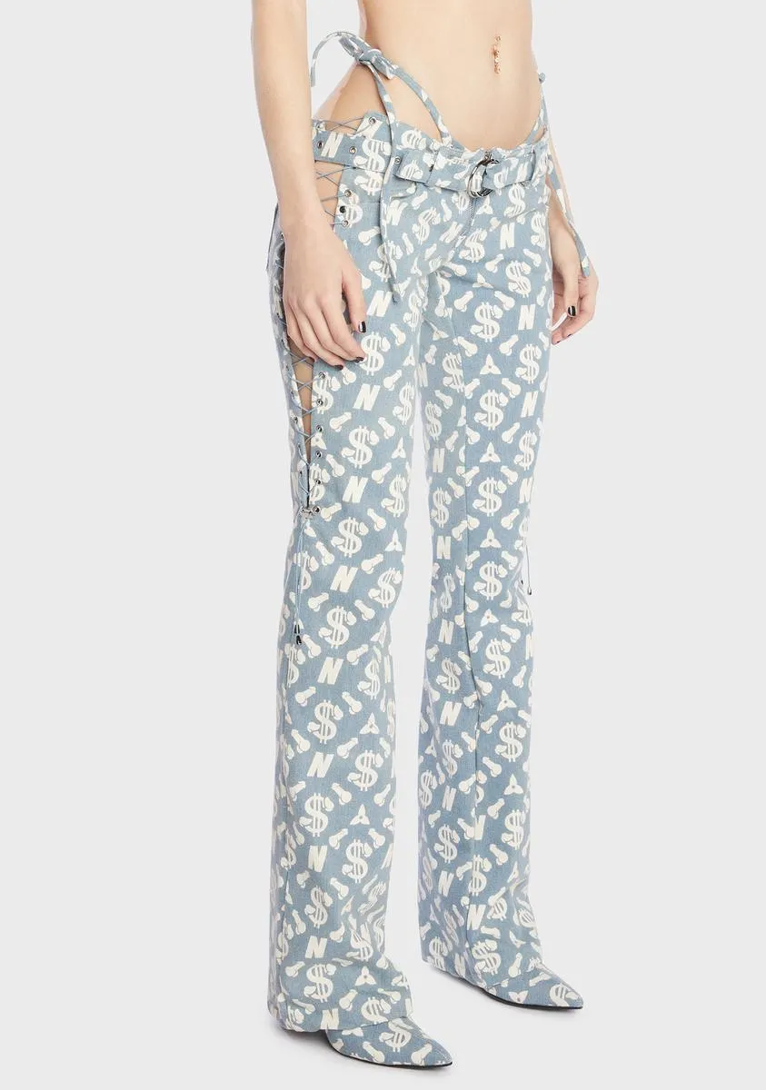 Monogram Denim Low Cut Lace Up Pants