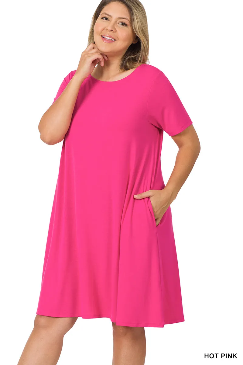Plus Size Short Sleeve Flared T-Shirt Midi Dress with Side Pockets