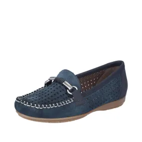 Rieker 40253-14 Ladies Navy Blue Leather Slip On Loafers