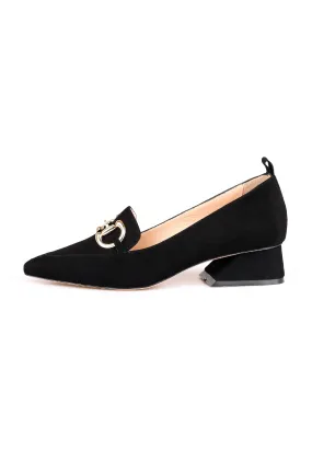 Suede Block Heel Loafers with Gold Chain Detail - Black