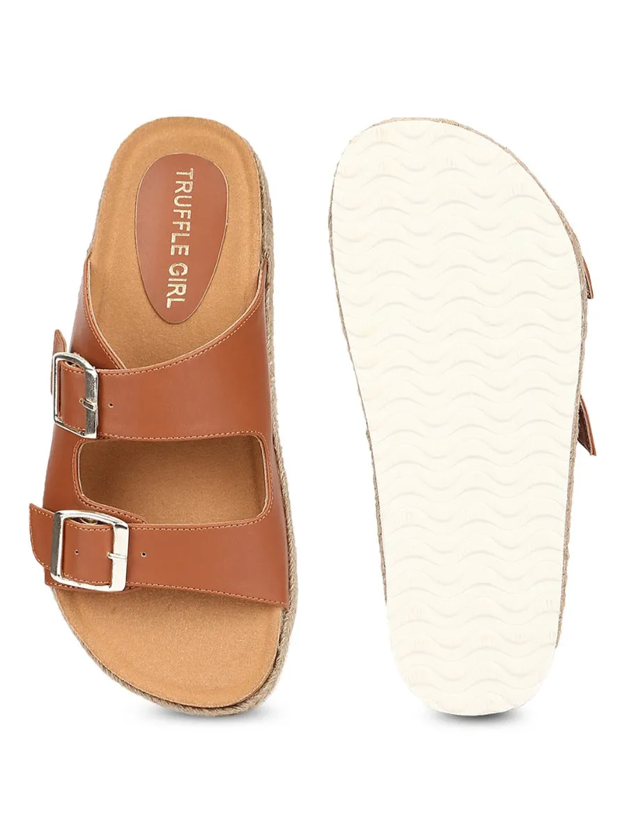 Tan PU Side Buckle Wedges Espadrilles Sandals