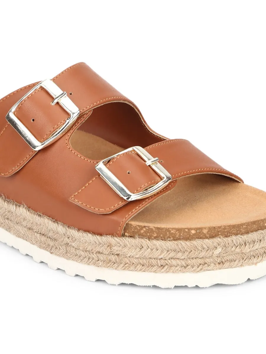 Tan PU Side Buckle Wedges Espadrilles Sandals