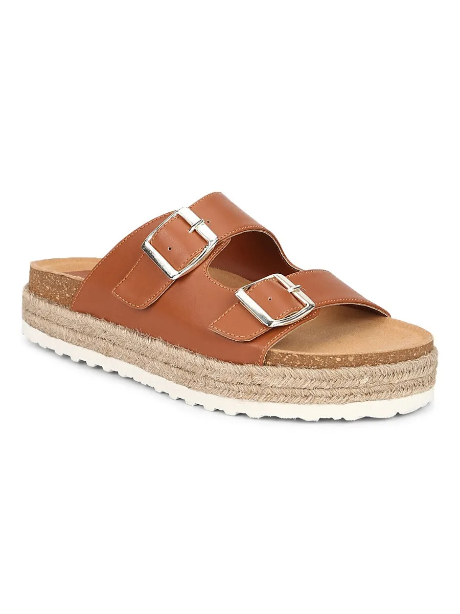 Tan PU Side Buckle Wedges Espadrilles Sandals