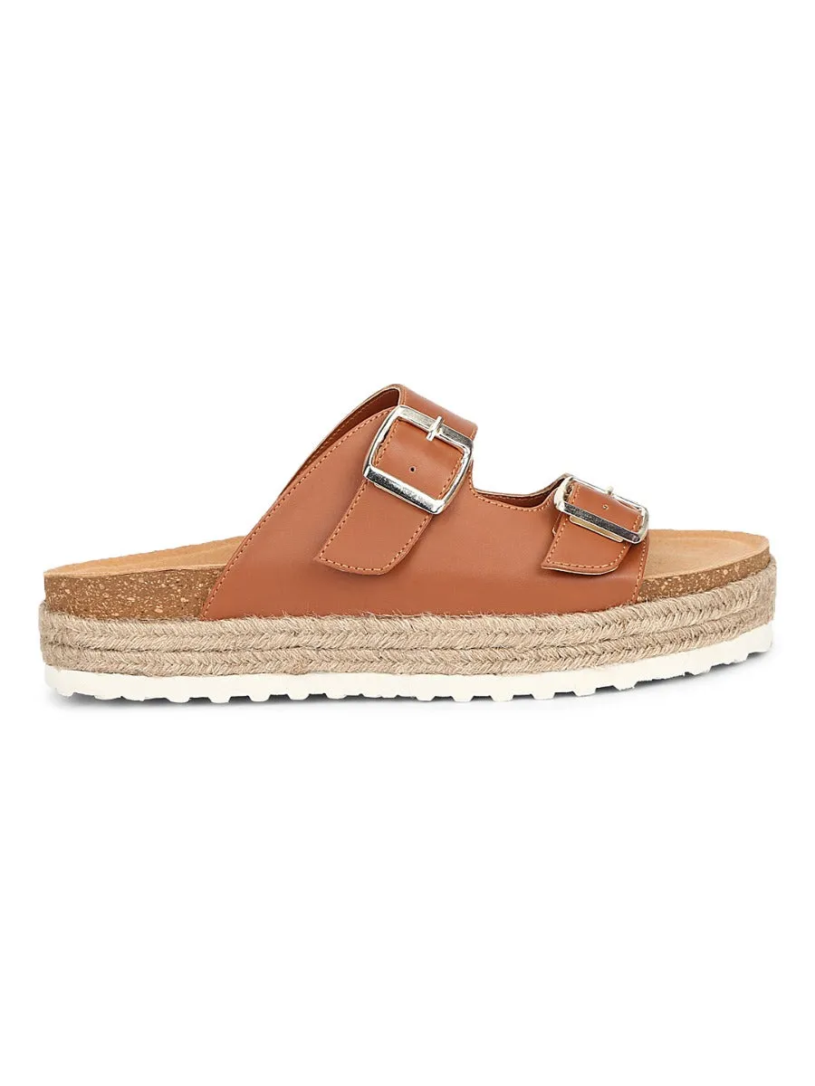 Tan PU Side Buckle Wedges Espadrilles Sandals