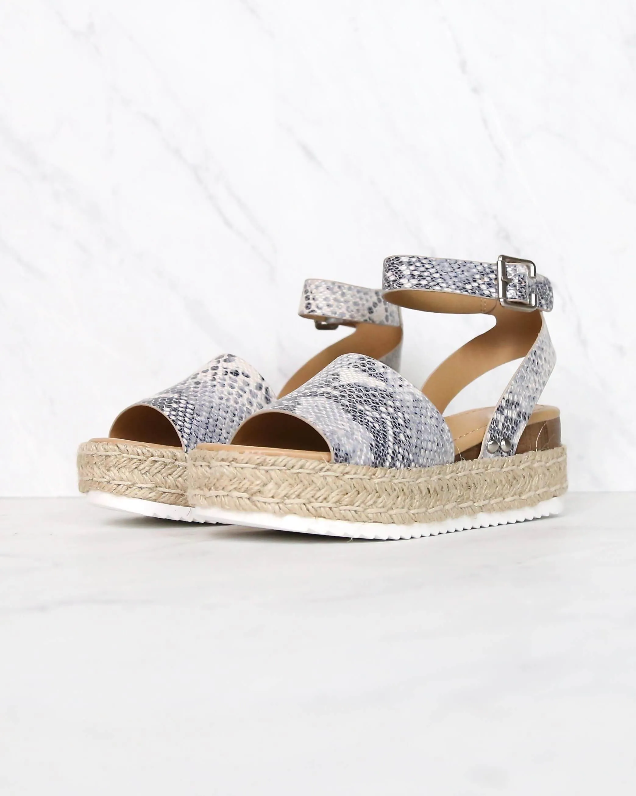 Trendy Sporty Flatfrom Espadrille Sandal with Adjustable Ankle Strap in Beige Python