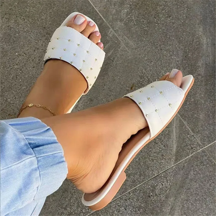 Women square peep toe studded one strap beach flat sandals