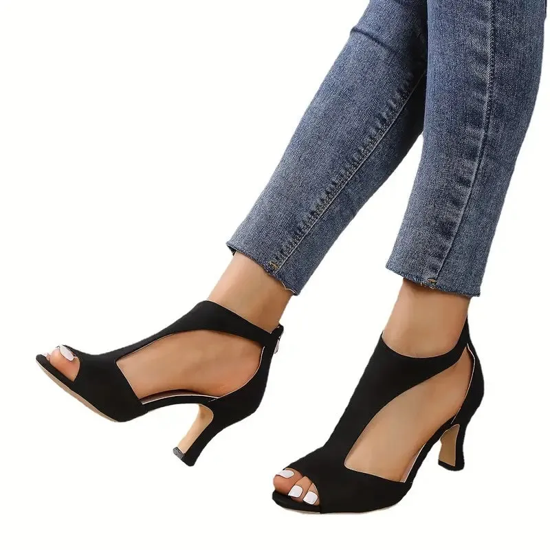 Women's Black Kitten Heeled Sandals| T-Strap Cutout Zipper Back Closure Shoes |Heels Open Toe Sandals